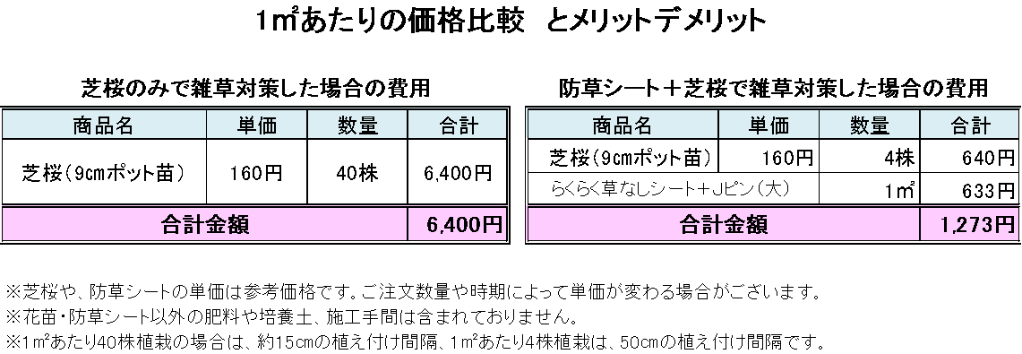 芝桜1 あたりの価格比較 防草シート専門店